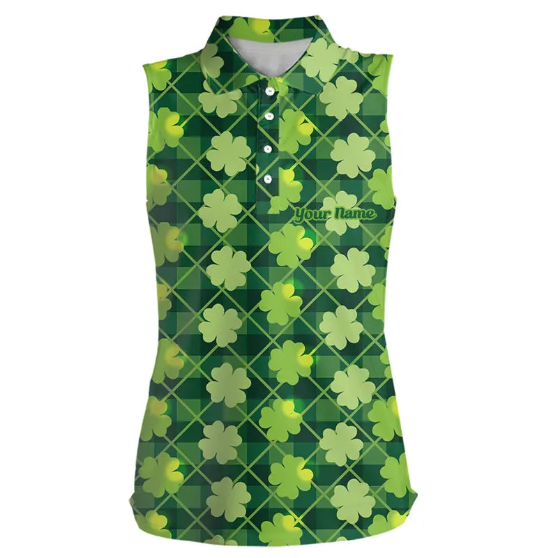 Green argyle shamrock pattern Women sleeveless polo shirt Custom St Patrick day women golf tops NQS9546