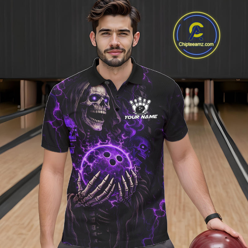 Personalized Skull Bowling Shirt For Men Custom Team's Name Black and Purple Flame Bowler Jerseys NQS11659
