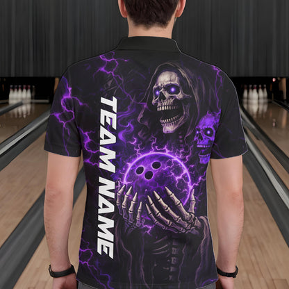 Personalized Skull Bowling Shirt For Men Custom Team's Name Black and Purple Flame Bowler Jerseys NQS11659