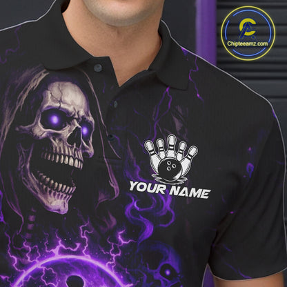 Personalized Skull Bowling Shirt For Men Custom Team's Name Black and Purple Flame Bowler Jerseys NQS11659