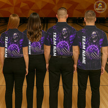 Load image into Gallery viewer, Personalized Skull Bowling Shirt For Women Custom Team's Name Black and Purple Flame Bowler Jerseys NQS11659