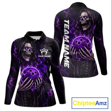 Load image into Gallery viewer, Personalized Skull Bowling Shirt For Women Custom Team's Name Black and Purple Flame Bowler Jerseys NQS11659