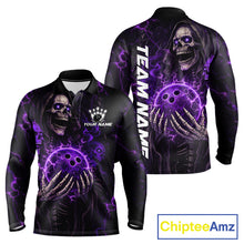 Load image into Gallery viewer, Personalized Skull Bowling Shirt For Men Custom Team's Name Black and Purple Flame Bowler Jerseys NQS11659