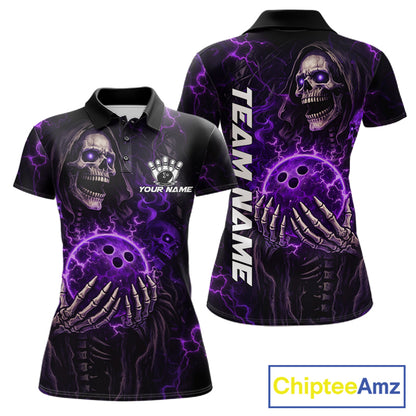Personalized Skull Bowling Shirt For Women Custom Team's Name Black and Purple Flame Bowler Jerseys NQS11659