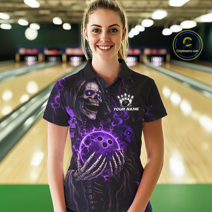 Personalized Skull Bowling Shirt For Women Custom Team's Name Black and Purple Flame Bowler Jerseys NQS11659