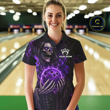 Load image into Gallery viewer, Personalized Skull Bowling Shirt For Women Custom Team's Name Black and Purple Flame Bowler Jerseys NQS11659