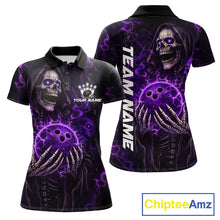 Load image into Gallery viewer, Personalized Skull Bowling Shirt For Women Custom Team's Name Black and Purple Flame Bowler Jerseys NQS11659
