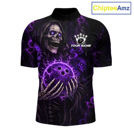 Personalized Skull Bowling Shirt For Men Custom Team's Name Black and Purple Flame Bowler Jerseys NQS11659
