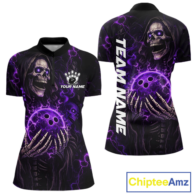 Personalized Skull Bowling Shirt For Women Custom Team's Name Black and Purple Flame Bowler Jerseys NQS11659