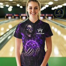 Load image into Gallery viewer, Personalized Skull Bowling Shirt For Women Custom Team's Name Black and Purple Flame Bowler Jerseys NQS11659