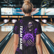 Load image into Gallery viewer, Personalized Skull Bowling Shirt For Women Custom Team's Name Black and Purple Flame Bowler Jerseys NQS11659