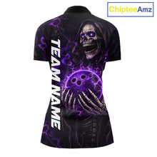 Load image into Gallery viewer, Personalized Skull Bowling Shirt For Women Custom Team's Name Black and Purple Flame Bowler Jerseys NQS11659
