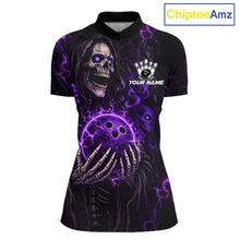 Load image into Gallery viewer, Personalized Skull Bowling Shirt For Women Custom Team's Name Black and Purple Flame Bowler Jerseys NQS11659