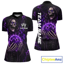 Load image into Gallery viewer, Personalized Skull Bowling Shirt For Women Custom Team's Name Black and Purple Flame Bowler Jerseys NQS11659