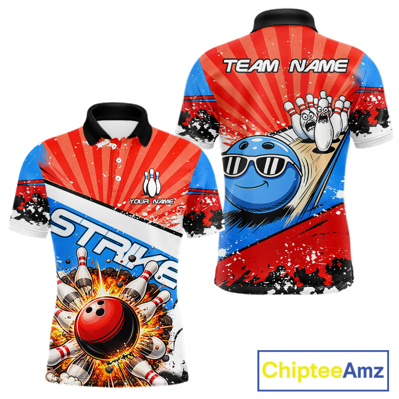 Funny Bowling Boom Strike Bowling Shirt For Men Custom Red, White and Blue retro Team Bowling Jerseys NQS11661