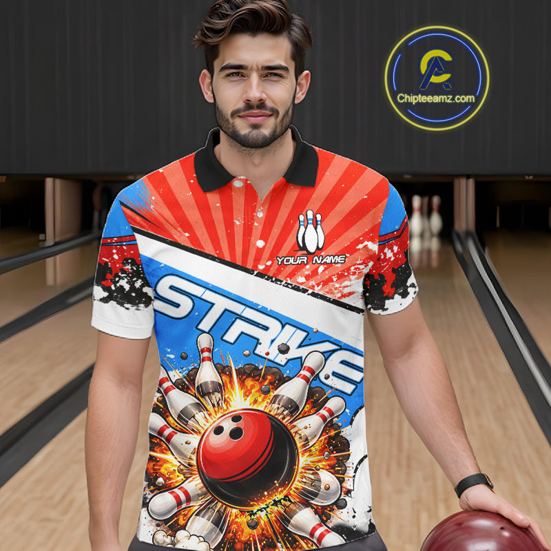 Funny Bowling Boom Strike Bowling Shirt For Men Custom Red, White and Blue retro Team Bowling Jerseys NQS11661