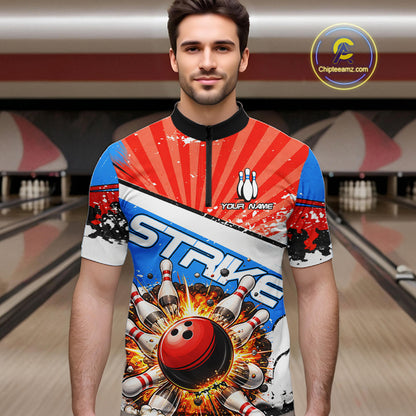 Funny Bowling Boom Strike Bowling Shirt For Men Custom Red, White and Blue retro Team Bowling Jerseys NQS11661