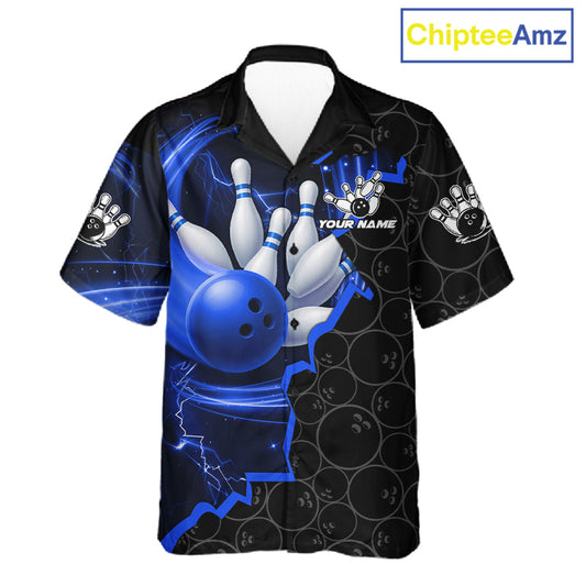 Black and Blue Camo Bowling Hawaiian Shirt Custom Bowling Team Jersey, Bowler Outfit NQS11750