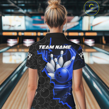 Black and Blue Camo Bowling Polo, 1/4 Zip Shirts For Women Custom Bowling Team Jersey, Bowler Outfit NQS11750