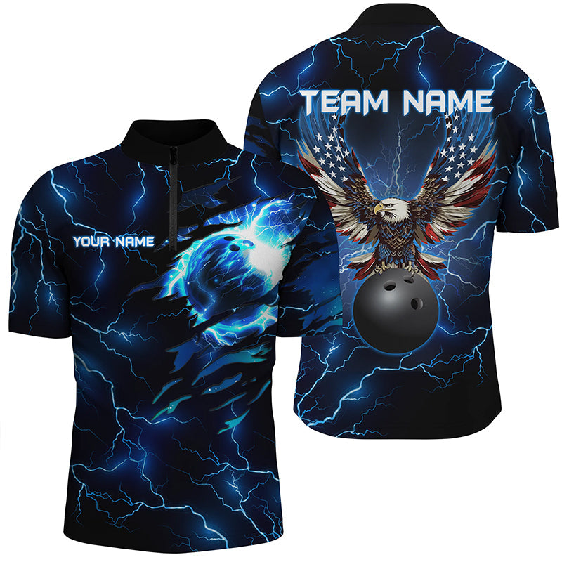 Blue lightning thunder bowling American flag Eagle custom Men Bowling Quarter Zip Shirts, team jerseys NQS7489