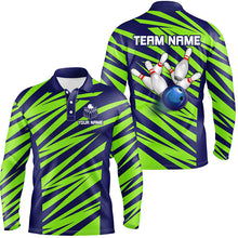 Load image into Gallery viewer, Blue And Green Strike Bowling Polo, Quarter Zip Shirts For Men, Custom Name Bowling Team Jerseys NQS7844