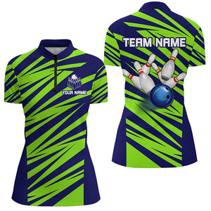 Blue And Green Strike Bowling Polo, Quarter Zip Shirts For Women, Custom Name Bowling Team Jerseys NQS7844