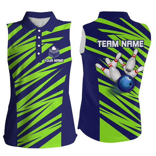 Blue And Green Strike Bowling Sleeveless Polo Shirts For Women, Custom Name Bowling Team Jerseys NQS7844