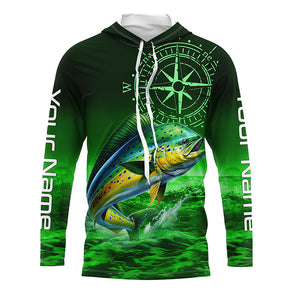 Personalized Mahi mahi Green Long Sleeve Performance Fishing Shirts, Dorado compass tournament Shirts NQS5951