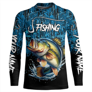 Largemouth bass Fish blue camo fishing Custom name long sleeves fishing shirts NQS4142