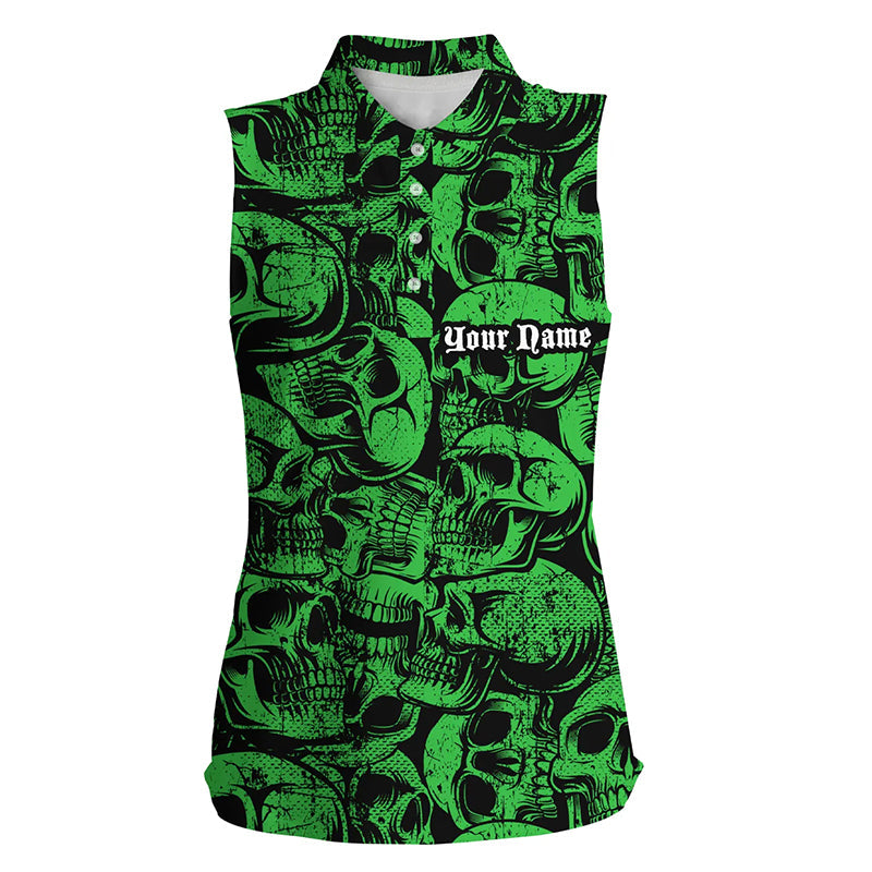 Green skull camo pattern Women sleeveless polo Shirt custom cool golf shirt for ladies, best golf gift NQS8959