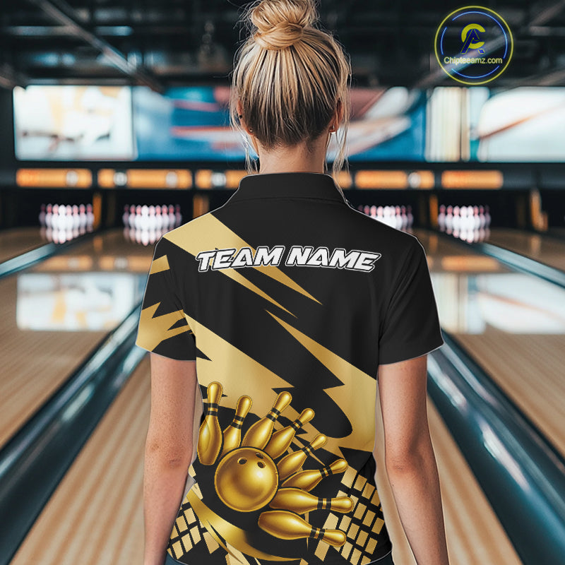 Black and Gold Bowling Polo, Quarter Zip Shirt For Women Custom Team bowling jersey, gift for bowlers NQS11069
