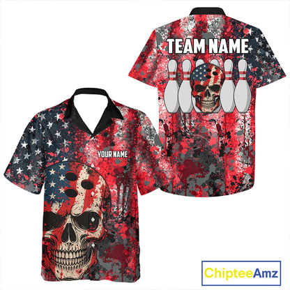 Red, White & Blue American Flag Skull Bowling Hawaiian Shirt Custom patriotic Team Bowling Jersey NQS11275
