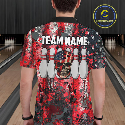 Red, White & Blue American Flag Skull Bowling shirts For Men Custom patriotic Team Bowling Jersey NQS11275