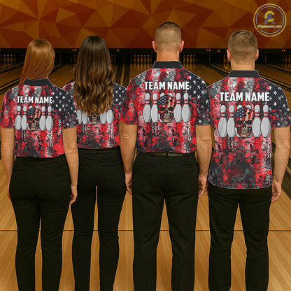 Red, White & Blue American Flag Skull Bowling shirts For Women Custom patriotic Team Bowling Jersey NQS11275