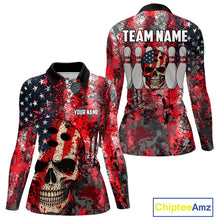 Load image into Gallery viewer, Red, White &amp; Blue American Flag Skull Bowling shirts For Women Custom patriotic Team Bowling Jersey NQS11275