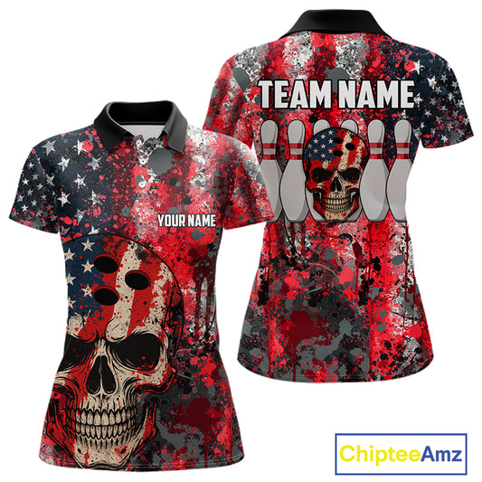 Red, White & Blue American Flag Skull Bowling shirts For Women Custom patriotic Team Bowling Jersey NQS11275