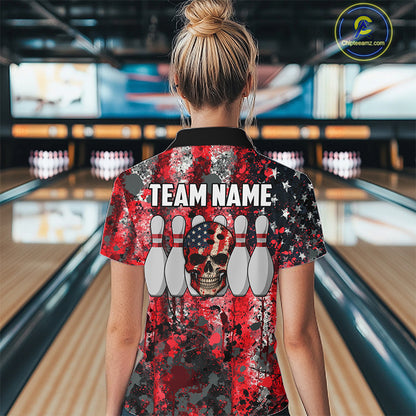 Red, White & Blue American Flag Skull Bowling shirts For Women Custom patriotic Team Bowling Jersey NQS11275