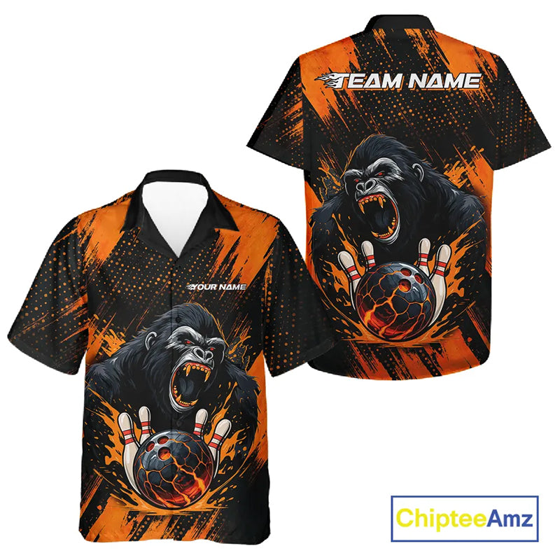 Black and Orange pattern Angry Gorilla Bowling Hawaiian Shirt Custom Gorilla Team Bowling Jerseys NQS11278