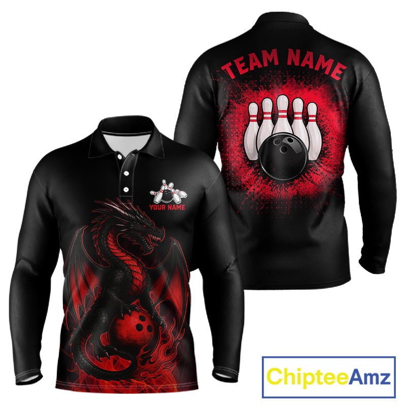 Black and Red Flame Dragon Bowling Polo, 1/4 zip shirts for Men Custom Dragon team bowling jerseys NQS11482
