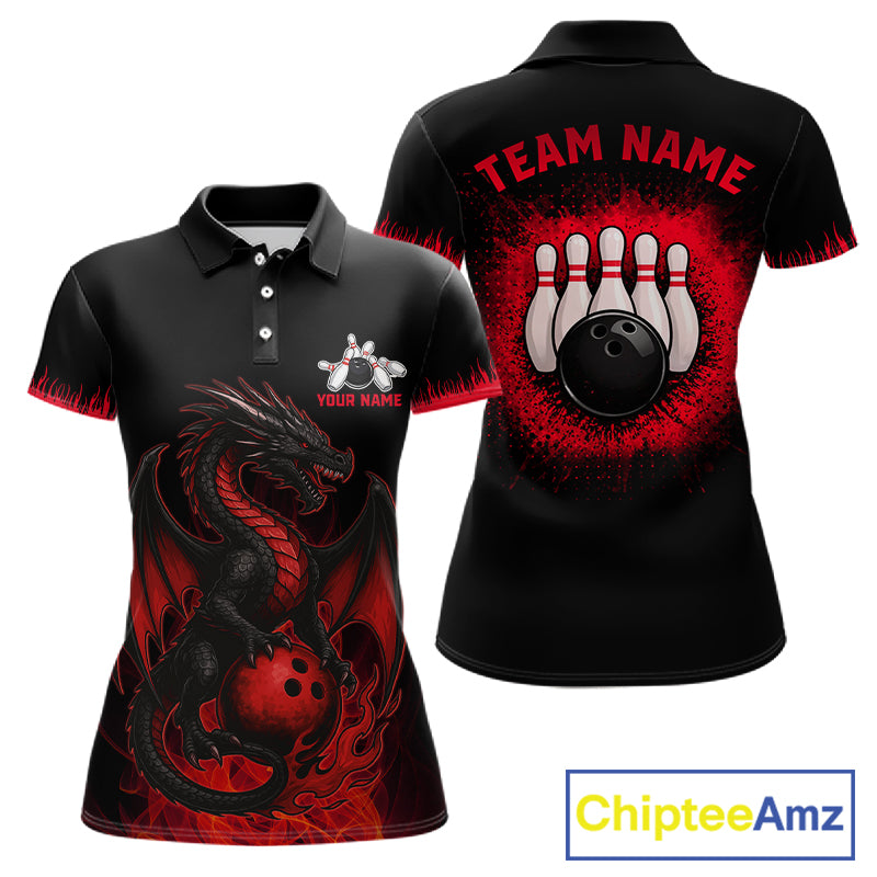 Black and Red Flame Dragon Bowling Polo, 1/4 zip shirts for Women Custom Dragon team bowling jerseys NQS11482