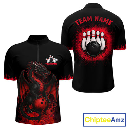 Black and Red Flame Dragon Bowling Polo, 1/4 zip shirts for Men Custom Dragon team bowling jerseys NQS11482