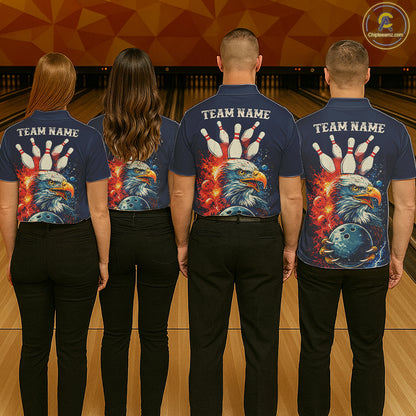 Custom Red, white and blue Eagle Retro Bowling Polo, 1/4 zip Shirts For Women, Bowling Team jerseys NQS11666