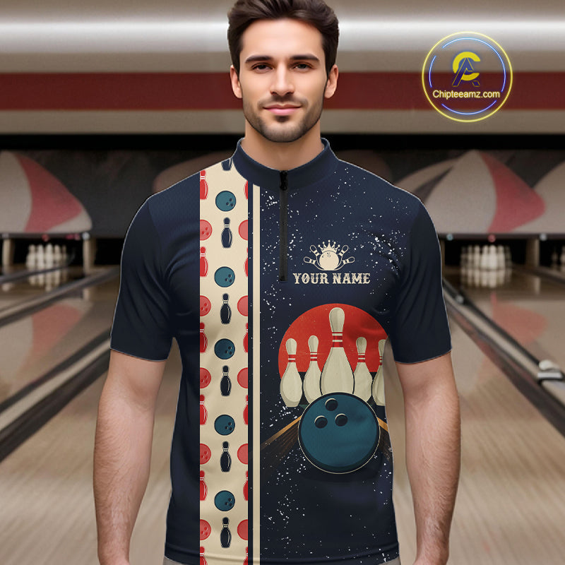 Custom Red, white and blue Eagle Retro Bowling Polo, 1/4 zip Shirts For Men, Bowling Team jerseys NQS11666