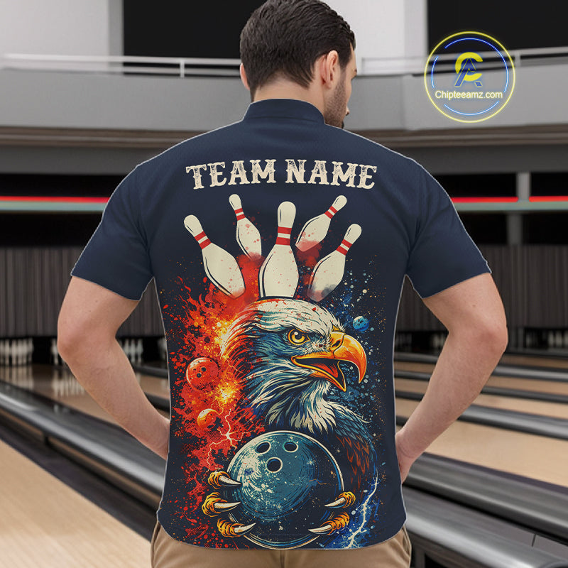 Custom Red, white and blue Eagle Retro Bowling Polo, 1/4 zip Shirts For Men, Bowling Team jerseys NQS11666