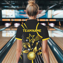 Load image into Gallery viewer, Funny Black and Gold Womens Bowling Polo, 1/4 Zip Shirts Custom Bowling outfit women Team Jerseys NQS9712