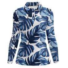 Load image into Gallery viewer, Women golf polo shirts custom blue monstera leaf pattern golf tops for ladies, gift for the golfer NQS7637