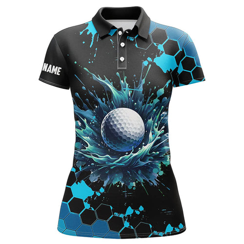 Womens golf polo shirts custom black and blue watercolor ladies golf tops, gift for golf lovers NQS8070