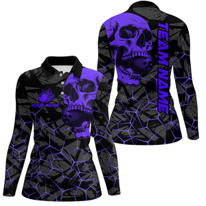 Black Skull camo bowling shirt for women custom bowling team jerseys, gifts for bowlers | Purple NQS8074