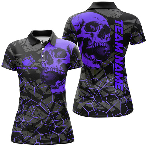 Black Skull camo bowling shirt for women custom bowling team jerseys, gifts for bowlers | Purple NQS8074