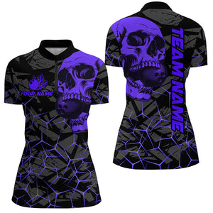 Black Skull camo bowling shirt for women custom bowling team jerseys, gifts for bowlers | Purple NQS8074